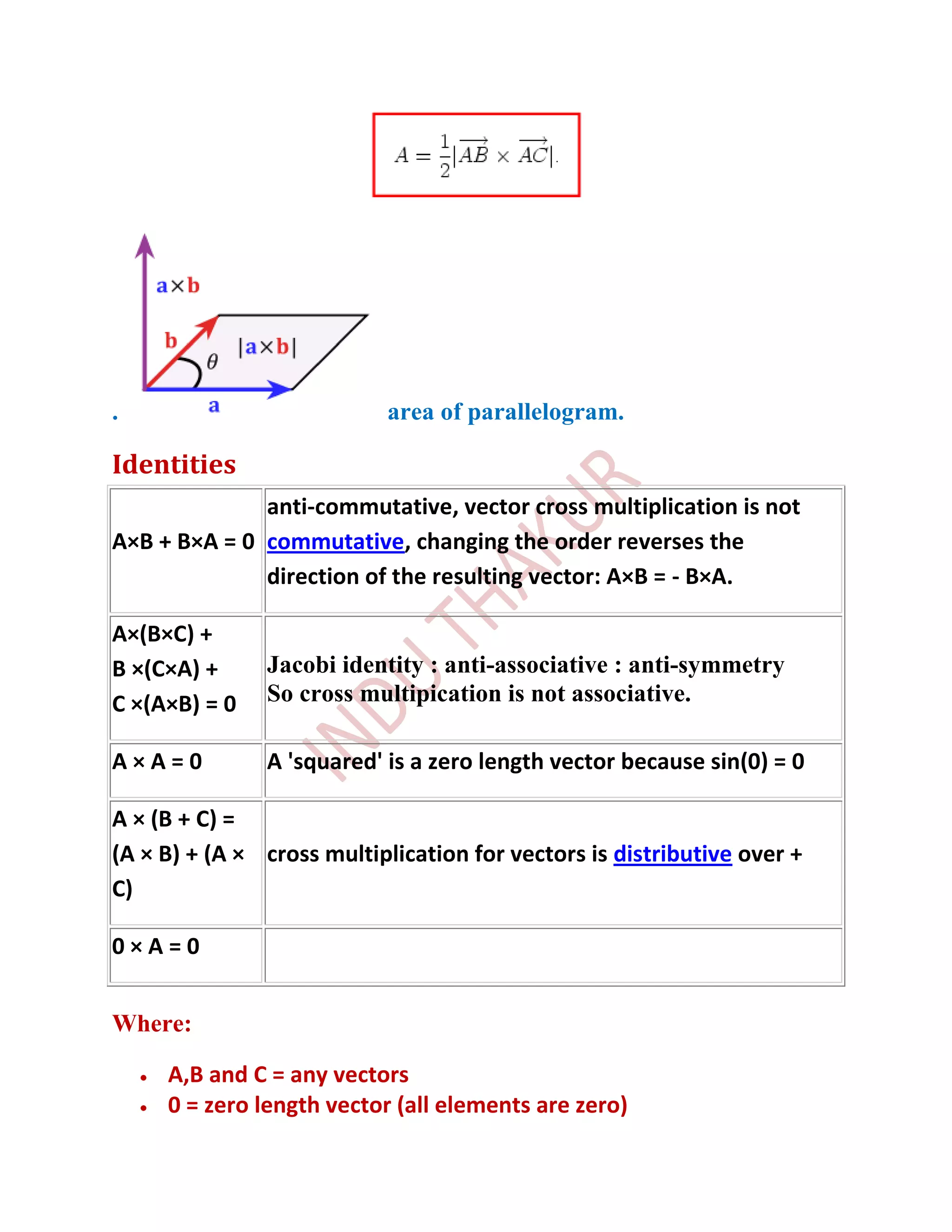 .                          area of parallelogram.

Identities
              anti-commutative, vector cross multiplication is not
A×B + B×A = 0 commutative, changing the order reverses the
              direction of the resulting vector: A×B = - B×A.

A×(B×C) +
B ×(C×A) +     Jacobi identity : anti-associative : anti-symmetry
C ×(A×B) = 0   So cross multipication is not associative.

A×A=0          A 'squared' is a zero length vector because sin(0) = 0

A × (B + C) =
(A × B) + (A × cross multiplication for vectors is distributive over +
C)

0×A=0


Where:

     A,B and C = any vectors
     0 = zero length vector (all elements are zero)
 