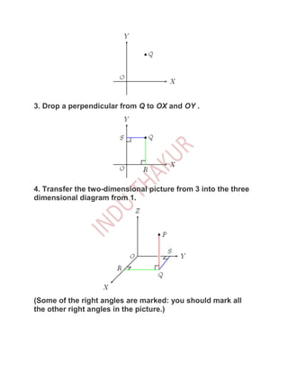 3. Drop a perpendicular from Q to OX and OY .




4. Transfer the two-dimensional picture from 3 into the three
dimensional diagram from 1.




(Some of the right angles are marked: you should mark all
the other right angles in the picture.)
 