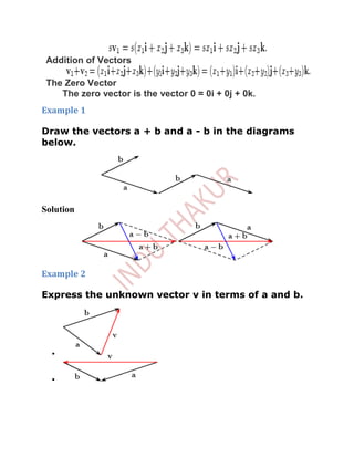 Addition of Vectors

 The Zero Vector
    The zero vector is the vector 0 = 0i + 0j + 0k.
Example 1

Draw the vectors a + b and a - b in the diagrams
below.




Solution




Example 2

Express the unknown vector v in terms of a and b.
 
