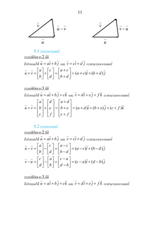 11
5.1 การบวกเวกเตอร
ระบบพิกัดฉาก 2 มิติ
ถากําหนดให u ai b j= + และ v ci d j= + เราสามารถหาเวกเตอร
( ) ( )
a c a c
u v a c i b d j
b d b d
+⎡ ⎤ ⎡ ⎤ ⎡ ⎤
+ = + = = + + +⎢ ⎥ ⎢ ⎥ ⎢ ⎥+⎣ ⎦ ⎣ ⎦ ⎣ ⎦
ระบบพิกัดฉาก 3 มิติ
ถากําหนดให u ai b j ck= + + และ v di e j f k= + + เราสามารถหาเวกเตอร
( ) ( ) ( )
a d a d
u v b e b e a d i b e j c f k
c f c f
+⎡ ⎤ ⎡ ⎤ ⎡ ⎤
⎢ ⎥ ⎢ ⎥ ⎢ ⎥+ = + = + = + + + + +⎢ ⎥ ⎢ ⎥ ⎢ ⎥
⎢ ⎥ ⎢ ⎥ ⎢ ⎥+⎣ ⎦ ⎣ ⎦ ⎣ ⎦
5.2 การลบเวกเตอร
ระบบพิกัดฉาก 2 มิติ
ถากําหนดให u ai b j= + และ v ci d j= + เราสามารถหาเวกเตอร
( ) ( )
( ) ( )
a c a c
u v a c i b d j
b d b d
c a c a
v u c a i d b j
d b d b
−⎡ ⎤ ⎡ ⎤ ⎡ ⎤
− = − = = − + −⎢ ⎥ ⎢ ⎥ ⎢ ⎥−⎣ ⎦ ⎣ ⎦ ⎣ ⎦
−⎡ ⎤ ⎡ ⎤ ⎡ ⎤
− = − = = − + −⎢ ⎥ ⎢ ⎥ ⎢ ⎥−⎣ ⎦ ⎣ ⎦ ⎣ ⎦
ระบบพิกัดฉาก 3 มิติ
ถากําหนดให u ai b j ck= + + และ v di e j f k= + + เราสามารถหาเวกเตอร
u
v
u v−
u
v
v u−
 
