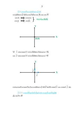 3
2.1 เวกเตอรในระบบพิกัดฉาก 2 มิติ
ระบบพิกัดฉาก 2 มิติประกอบไปดวย แกน X และ แกน Y
แกน x แกนนอน
แกน y แกนตั้ง
ให i แทนเวกเตอร 1 หนวย ที่มีทิศทางไปตามแกน +X
และ j แทนเวกเตอร 1 หนวย ที่มีทิศทางไปตามแกน +Y
เราสามารถสรางเวกเตอรใดๆในระบบพิกัดฉาก 2 มิติ นี้ โดยใช เวกเตอร i และ เวกเตอร j เชน
2.1.1 เวกเตอรที่มีจุดเริ่มตนที่จุดกําเนิด และจุดสิ้นสุดที่ (a,b)
เมื่อ ,a b R∈
ตัดกันที่จุด (0,0)
Y
X
(0,0)
•
Y
X•
i
j
 
