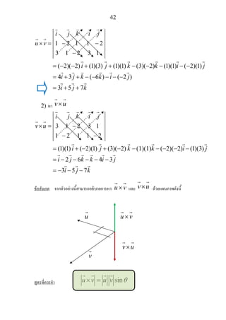 42
( 2)( 2) (1)(3) (1)(1) (1)(1) ( 2)(1)
4 3 ( 6 ) ( 2
i j k i j
u v
i j k k i j
i j k k i
× = 1 − 2 1 1 − 2
3 1 − 2 3 1
= − − + + −(3)(−2) − − −
= + + − − − − − )
3 5 7
j
i j k= + +
2) หา v u×
(1)(1) ( 2)(1) (3)( 2) ( 2)( 2) (1)(3)
2 6 4 3
i j k i j
v u
i j k k i j
i j k k i j
× = 3 1 − 2 3 1
1 − 2 1 1 − 2
= + − + − −(1)(1) − − − −
= − − − − −
3 5 7i j k= − − −
ขอสังเกต จากตัวอยางนี้สามารถอธิบายการหา u v× และ v u× ดวยแผนภาพดังนี้
สูตรที่ควรจํา sinu v u v θ× =
u
v
u v×
v u×
 