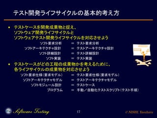 © NISHI, Yasuharu17
テスト開発ライフサイクルの基本的考え方
• テストケースを開発成果物と捉え、
ソフトウェア開発ライフサイクルと
ソフトウェアテスト開発ライフサイクルを対応させよう
ソフト要求分析 ＝ テスト要求分析
ソフトアーキテクチャ設計 ＝ テストアーキテクチャ設計
ソフト詳細設計 ＝ テスト詳細設計
ソフト実装 ＝ テスト実装
• テストケースがどの工程の成果物かを考えるために、
各ライフサイクルの成果物を対応させよう
ソフト要求仕様（要求モデル） ＝ テスト要求仕様（要求モデル）
ソフトアーキテクチャモデル ＝ テストアーキテクチャモデル
ソフトモジュール設計 ＝ テストケース
プログラム ＝ 手動／自動化テストスクリプト（テスト手順）
 