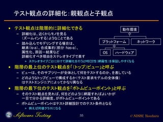 © NISHI, Yasuharu35
テスト観点の詳細化：親観点と子観点
• テスト観点は階層的に詳細化できる
– 詳細化は、近くからモノを見る
（ズームインする）ようなことである
– 踏み込んでモデリングする場合は、
継承（is-a）、合成集約（部分：has-a）、
属性化、原因－結果など
詳細化すべき理由をステレオタイプで表す
» ステレオタイプごとに分けて詳細化を行うとMECE性（網羅性）を保証しやすくなる
• 階層の最上位のテスト観点を「（トップ）ビュー」と呼ぶ
– ビューは、そのサブツリーが全体として何をテストするのか、を表している
– どのようなトップビューで構成するか（テスト要求モデルの全体像）
はテストエンジニアによってかなり異なる
• 階層の最下位のテスト観点を「ボトムビューポイント」と呼ぶ
– そのテスト観点を見れば、何をどのように網羅すればよいかが
一目で分かる詳細度、がボトムビューポイントである
– ボトムビューポイントはテスト詳細設計でのテスト条件となる
» 例えば同値クラスになる
動作環境
プラットフォーム ネットワーク
OS ハードウェア
 
