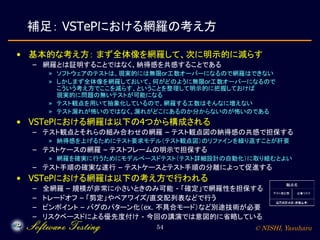 © NISHI, Yasuharu54
補足： VSTePにおける網羅の考え方
• 基本的な考え方： まず全体像を網羅して、次に明示的に減らす
– 網羅とは証明することではなく、納得感を共感することである
» ソフトウェアのテストは、現実的には無限or工数オーバーになるので網羅はできない
» しかしまず全体像を網羅しておいて、何がどのように無限or工数オーバーになるので
こういう考え方でここを減らす、ということを整理して明示的に把握しておけば
現実的に問題の無いテストが可能になる
» テスト観点を用いて抽象化しているので、網羅する工数はそんなに増えない
» テスト漏れが怖いのではなく、漏れがどこにあるのか分からないのが怖いのである
• VSTePにおける網羅は以下の4つから構成される
– テスト観点とそれらの組み合わせの網羅 – テスト観点図の納得感の共感で担保する
» 納得感を上げるためにテスト要求モデル（テスト観点図）のリファインを繰り返すことが肝要
– テストケースの網羅 – テストフレームの明示で担保する
» 網羅を確実に行うためにモデルベースドテスト（テスト詳細設計の自動化）に取り組むとよい
– テスト手順の確実な遂行 – テストケースとテスト手順の分離によって促進する
• VSTePにおける網羅は以下の考え方で行われる
– 全網羅 – 規模が非常に小さいときのみ可能 - 「確定」で網羅性を担保する
– トレードオフ – 「剪定」やペアワイズ/直交配列表などで行う
– ピンポイント – バグのパターン化（ex. 不具合モード）など別途技術が必要
– リスクベースドによる優先度付け - 今回の講演では意図的に省略している
 