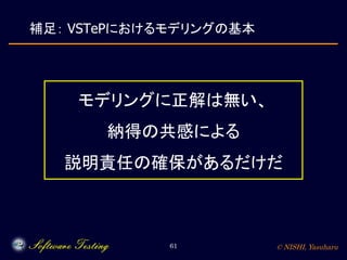 © NISHI, Yasuharu61
補足： VSTePにおけるモデリングの基本
モデリングに正解は無い、
納得の共感による
説明責任の確保があるだけだ
 