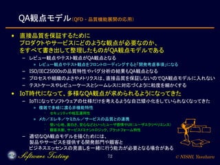 © NISHI, Yasuharu72
QA観点モデル（QFD - 品質機能展開の応用）
• 直接品質を保証するために
プロダクトやサービスにどのような観点が必要なのか、
をすべて書き出して整理したものがQA観点モデルである
– レビュー観点やテスト観点がQA観点となる
» レビュー観点やテスト観点をフロントローディングすると「開発考慮事項」になる
– ISO/IEC25000sの品質特性やバグ分析の結果もQA観点となる
– プロセスや組織のよさやメトリクスは、直接品質を保証しないのでQA観点モデルに入れない
– テストケースやレビューケースとシームレスに対応づくように粒度を細かくする
• IoT時代になって、多様なQA観点が求められるようになってきた
– IoTになってソフトウェアの仕様だけを考えるような自己矮小化をしていられなくなってきた
» 複雑で多岐に渡る非機能特性
· セキュリティや相互運用性
» メカ／エレキ／ケミカル／サービスの品質との連携
· 使い心地、面白さ、安心などといったユーザ感情やUX（ユーザエクリペリエンス）
· 顧客共創、サービスドミナントロジック、プラットフォーム特性
– 適切なQA観点モデルを描くためには、
製品やサービスを提供する開発部門や顧客と
ビジネスエッセンスの見直しを一緒に行う能力が必要となる場合がある
 