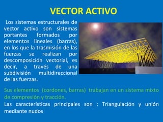 VECTOR ACTIVO Los sistemas estructurales de vector activo son sistemas portantes formados por elementos lineales (barras), en los que la trasmisión de las fuerzas se realizan por descomposición vectorial, es decir, a través de una subdivisión multidireccional de las fuerzas. Sus elementos (cordones, barras) trabajan en un sistema mixto de compresión y tracción. Las características principales son : Triangulación y unión mediante nudos