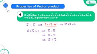 If a || b then θ = 0 or 𝝿 ⇒ a ⨉ b = 0 (but a ⨉ b = 0 ⇒ a = 0 or b = 0
or a || b). In particular a ⨉ a = 0.
4 ➝ ➝ ➝ ➝ ➝ ➝ ➝ ➝
➝ ➝
➝
➝
Properties of Vector product
 