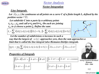 112
SOLO
Vector Integration
                     


n
i
iiii
n
i
iiiiin
trzyxAtrtrzyxAS
11
1
,,,,


C
1t
n
tb 
2
t
0
ta 
1i
t
i
t
1
2
i
n
 itr

Let subdivide C into n parts by n arbitrary points
t1, t2,…,tn, and call a=t0 and b=tn. On each arc joining
ti-1 to zi choose a point ξi. Define the sum:
             


C
b
a
n
i
iiii
z
n
n
rdzyxArdzyxAtrzyxAS
i

,,,,,,limlim
1
0

Properties of Integrals
   
CCC
rdBrdArdBA

constantrdArdA
CC
  

 
a
b
b
a
rdArdA

 
b
c
c
a
b
a
rdArdArdA

Vector Analysis
Line Integrals
Let be continuous at all points on a curve C of a finite length L, defined by the
position vector . tr
 zyxA ,,

Let the number of subdivisions n increase in such a
way that the largest of approaches zero, then the sum approaches a
limit that is called the line integral (also Riemann-Stieltjes integral).
 itr


Georg Friedrich Bernhard
Riemann
1826 - 1866
Table of Contents
 