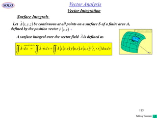 113
SOLO
Vector Integration
Vector Analysis
Surface Integrals
 vur ,

rd
udru

vdrv

sd
P
O
vdrv

udru

vdrudrvdrudrsd vuvu


Let be continuous at all points on a surface S of a finite area A,
defined by the position vector . vur ,

 zyxA ,,

A surface integral over the vector field is defined asA

         

S
vu
S
sdnsd
S
vdudrrvuxvuyvuxAsdnAsdA

,,,,,ˆ
ˆ
Table of Contents
 