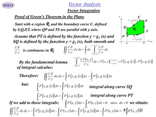 118
SOLO
Proof of Green’s Theorem in the Plane C
R
P
T
S
Q
a b
x
y
 xgy 2
 xgy 1
Start with a region R and the boundary curve C, defined
by S,Q,P,T, where QP and TS are parallel with y axis.
 
 
 







b
a
xgy
Xgy
dy
y
P
dxdydx
y
P
2
R
By the fundamental lemma
of integral calculus:
 
 
 
   
 
     xgxPxgxPyxPdy
y
yxP xgy
xgy
xgy
Xgy
12 ,,,
, 2
1
2


 




Therefore:       


b
a
b
a
dxxgxPdxxgxPdydx
y
P
12 ,,
R
but:       
a
bSQ
dxxgxPdxxgxP 22 ,, integral along curve SQ
      
b
aPT
dxxgxPdxxgxP 11 ,, integral along curve PT
If we add to those integrals:     00,,   dxsincedxyxPdxyxP
QPTS
we obtain:
            


CTSPTQPSQ
dxyxPdxyxPdxxgxPdxyxPdxxgxPdydx
y
P
,,,,, 12
R
Assume that PT is defined by the function y = g1 (x) and
SQ is defined by the function y = g2 (x), both smooth and
y
P


is continuous in R:
Vector Integration
Vector Analysis
 