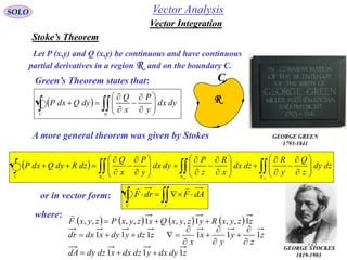 121
SOLO
Stoke’s Theorem
C
R
Let P (x,y) and Q (x,y) be continuous and have continuous
partial derivatives in a region R and on the boundary C.
Green’s Theorem states that:
GEORGE STOCKES
1819-1903
A more general theorem was given by Stokes
   











R
dydx
y
P
x
Q
dyQdxP
C
   

































yzxzxy RRR
dzdy
z
Q
y
R
dzdx
x
R
z
P
dydx
y
P
x
Q
dzRdyQdxP
C
or in vector form:  
S
dAFdrF
C

where:
        zzyxRyzyxQxzyxPzyxF 1,,1,,1,,,, 

zdzydyxdxdr 111 
zdydxydzdxxdzdydA 111 
GEORGE GREEN
1793-1841
z
z
y
y
x
x
111









Vector Integration
Vector Analysis
 