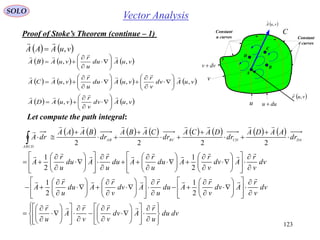 123
Proof of Stoke’s Theorem (continue – 1)
SOLO
Vector Analysis
   vuAAA ,


     vuAdu
u
r
vuABA ,,











     vuAdv
v
r
vuADA ,,











       vuAdv
v
r
vuAdu
u
r
vuACA ,,,




















A
B
C
D
v
u duu 
dvv 
Constant
v curves
Constant
u curves
 vur ,

 vuA ,

C
Let compute the path integral:
               
dvdu
u
r
Adv
v
r
v
r
A
u
r
dv
v
r
Adv
v
r
Adu
u
r
Adv
v
r
Adu
u
r
A
dv
v
r
Adv
v
r
Adu
u
r
Adu
u
r
Adu
u
r
A
dr
AADA
dr
DACA
dr
CABA
dr
BAAA
drA DACDBCAB
ABCD






































































































































































2
1
2
1
2
1
2
1
2222
 