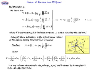 135
SOLO Vectors & Tensors in a 3D Space
The Operator .
 
 
 






















,,
1
lim:
1
lim,
1
lim,
1
lim,
0
0
0
0
S
V
S
V
F
S
VF
S
V
F
ds
V
Ads
V
trA
Ads
V
trA
ds
V
tr


We know that
where V is any volume, that includes the point and is closed by the surface SFr








2
,
2
,
2
3
3
2
2
1
1
ud
u
ud
u
ud
u







2
,
2
,
2
3
3
2
2
1
1
ud
u
ud
u
ud
u







2
,
2
,
2
3
3
2
2
1
1
ud
u
ud
u
ud
u







2
,
2
,
2
3
3
2
2
1
1
ud
u
ud
u
ud
u







2
,
2
,
2
3
3
2
2
1
1
ud
u
ud
u
ud
u







2
,
2
,
2
3
3
2
2
1
1
ud
u
ud
u
ud
u







2
,
2
,
2
3
3
2
2
1
1
ud
u
ud
u
ud
u
 321 ,, uuu
1ur

2ur

3u
r

S4
S1
S2
S5
S3
S6
F
r

 321
,, uuu
Let apply those definitions to the infinitesimal volume
in the figure, having the point at it’s centerFr

where
321
321
3
3
2
2
1
1
ududud
u
r
u
r
u
r
ud
u
r
ud
u
r
ud
u
r
V 

































   

S
VF
ds
V
tr
1
lim,
0

Gradient
V is any volume, that includes the point (u1,u2,u3) and is closed by the surface
S=S1+S2+S3+S4+S5+S6
 