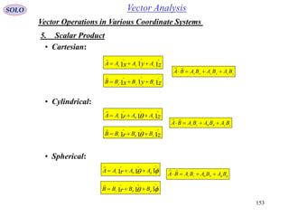 153
Vector AnalysisSOLO
Vector Operations in Various Coordinate Systems
5. Scalar Product
• Cartesian:
• Cylindrical:
zr zr AAAA 111

 

• Spherical:
zyx zyx
AAAA 111



  111

 AAAA rr

zyx zyx
BBBB 111



zzyyxx BABABABA 

zr zr BBBB 111

 

  111

 BBBB rr

zzrr
BABABABA  

 BABABABA rr 

 