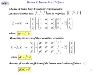 19
SOLO Vectors & Tensors in a 3D Space
Change of Vector Base, Coordinate Transformation
Let choose another base and its reciprocal 321
,, fff

 321
,, fff

 













































3
2
1
3
2
1
3
3
2
3
1
3
3
2
2
2
1
2
3
1
2
1
1
1
3
2
1
e
e
e
L
e
e
e
f
f
f
ef j
j
ii














where j
i
j
i
ef


By tacking the inverse of those equations we obtain:
 
















































3
2
1
1
3
2
1
3
3
2
3
1
3
3
2
2
2
1
2
3
1
2
1
1
1
3
2
1
f
f
f
L
f
f
f
e
e
e
fe i
j
ij














where j
ij
i ef


Because are the coefficients of the inverse matrix with coefficients :j
i
 j
i
i
j
i
k
k
j  
 