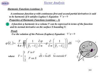 203
SOLO Vector Analysis
Harmonic Functions (continue 1)
A continuous function φ with continuous first and second partial derivatives is said
to be harmonic if it satisfies Laplace’s Equation 02
 
Properties of Harmonic Functions (continue – 1)

n
i
iSS
1

iS
nS
dV
dSn

1
V
Fr

Sr

F
0r SF rrr


3 A function φ harmonic in a volume V can be expressed in terms of the function
and its normal derivative on the surface S bounding V.
Proof:
Use the solution of the Poisson (Laplace) Equation: 02
 
   






















S SFSF
F
dS
rrnnrr
T
r
11
4





where VoutsidendSndS
SonF
VinF
T






 11
2
1
1
 