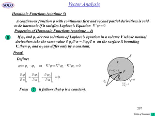 207
SOLO Vector Analysis
Harmonic Functions (continue 5)
A continuous function φ with continuous first and second partial derivatives is said
to be harmonic if it satisfies Laplace’s Equation 02
 
Properties of Harmonic Functions (continue – 4)
8 If φ1 and φ2 are two solutions of Laplace’s equation in a volume V whose normal
derivatives take the same value ∂ φ1/∂ n = ∂ φ2/∂ n on the surface S bounding
V, then φ1 and φ2 can differ only by a constant.
S
dSn

1
V
Fr

Sr

FSF rrr


0


S
n

Proof:
Define:
0: 2
2
1
22
21
 
021









SSS
nnn

From it follows that φ is a constant.7
Table of Contents
 