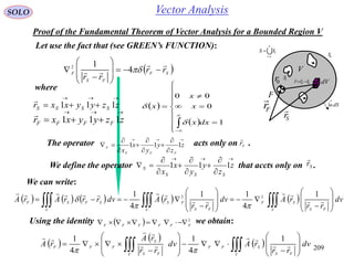 209
SOLO
Proof of the Fundamental Theorem of Vector Analysis for a Bounded Region V
Vector Analysis
Let use the fact that (see GREEN’s FUNCTION):

n
i
iSS
1

iS
nS
dV
dSn

1
V
Fr

Sr

F
0r SF rrr



 zzyyxxr SSSS 111


 zzyyxxr FFFF 111

where
We can write:









 z
z
y
y
x
x SSS
S 111 Sr

We define the operator that accts only on .
The operator acts only on .









 z
z
y
y
x
x FFF
F
111 Fr

 SF
FS
F rr
rr

 









 4
12
 
 
















1
0
00
dxx
x
x
x


          



















V FS
SF
V FS
FS
V
SFSF dv
rr
rAdv
rr
rAdvrrrArA 


 1
4
11
4
1 22


Using the identity we obtain:  2
FFFFFF

 
 
  



















V FS
SFF
V FS
S
FFF dv
rr
rAdv
rr
rA
rA 



 1
4
1
4
1

 