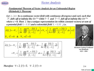 214
SOLO
Fundamental Theorem of Vector Analysis for an Unbounded Region
(Helmholtz’s Theorem)
Vector Analysis
    0,0 11
 rArA

Therefore
Hermann Ludwig Ferdinand
von Helmholtz
1821 - 1894
Let be a continuous vector field with continuous divergence and curl, such that
falls off at infinity like 1/r 1+ε while and fall off at infinity like 1/r 2+ε
where ε > 0. Then has a unique representation (to within constant vectors) at sum of
a potential field and a solenoidal field , i.e.
 rAA


A

A

 A


A

 rAA

11
  rAA

22

 
   
0&0
4
1
4
1






























 
UU
Udv
rr
rA
dv
rr
rA
rA
FF
V FS
SS
F
V FS
SS
FF

 
   
   






























S FS
S
V FS
SS
F
S FS
S
V FS
SS
FF
dS
rr
rA
dv
rr
rA
dS
rr
rA
dv
rr
rA
rA











4
1
4
1
4
1
4
1
Table of Contents
 