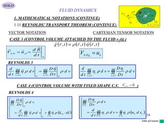 224
FLUID DYNAMICS
1. MATHEMATICAL NOTATIONS (CONTINUE)
1.11 REYNOLDS’ TRANSPORT THEOREM (CONTINUE)
VECTOR NOTATION CARTESIAN TENSOR NOTATION
REYNOLDS 3
CASE 1 (CONTROL VOLUME ATTACHED TO THE FLUID vF(t) )
kkOS
uV ,
 
)()( tv
OO
tv FF
vd
tD
D
vd
td
d





 
)()( tv
i
tv
i
FF
vd
tD
D
vd
td
d



SOLO
O
OOS
td
Rd
uV


 ,,
     
    
  r t r t r t, , ,
vF (t)
SF(t)
O
x
y
z
sd
 OSV ,


0,,,  OSOflowS VVV

OSR ,
OR,

md
OSV ,

OflowV ,

CASE 4 (CONTROL VOLUME WITH FIXED SHAPE C.V. )0,

OSV
REYNOLDS 4
 






 

..
,
..
..
SC
O
O
VC
VC
O
sduvd
td
d
vd
tD
D





 






 

....
..
SC
kki
VC
i
VC
i
sduvd
td
d
vd
tD
D



Table of Contents
 