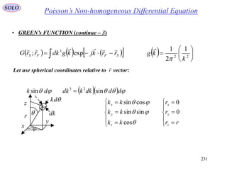 231
SOLO
• GREEN’s FUNCTION (continue – 3)
Let use spherical coordinates relative to vector:r

















rr
r
r
kk
kk
kk
z
y
x
z
y
x
0
0
cos
sinsin
cossin



 dk sin
dk
dk
    dddkkdk sin23



r
x
y
z
        SFFS rrkjkgdkrrG

exp; 3
  





 22
1
2
1
k
kg


Poisson’s Non-homogeneous Differential Equation
 