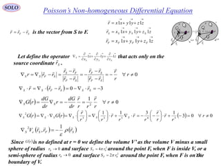 236
Poisson’s Non-homogeneous Differential EquationSOLO
Let define the operator that acts only on the
source coordinate .Sr










 z
z
y
y
x
x SSS
S 111
is the vector from S to F.SF rrr



 zzyyxxr 111


 zzyyxxr SSSS 111


 zzyyxxr FFFF 111

iS
nS

n
i
iSS
1
dV
dSn

1
V
Fr

Sr

F
0r
SF rrr

 iS
nS
dV
dSn

1
V
Fr

Sr

F
0r SF rrr


0





 r
r
r
rr
rr
rr
rr
rrr
SF
SF
SF
FS
SFSS






  30  SSSFSS rrrr

  0
1
2
 r
r
r
rr
r
dr
dG
r
dr
dG
rG SS

      003
1311
34333
2


















 r
r
r
r
r
r
r
r
r
rr
r
rGrG SSSSSS




   SFSeS rrrV



1
,
2

Since is no defined at r = 0 we define the volume V’ as the volume V minus a small
sphere of radius and surface around the point F, when F is inside V, or a
semi-sphere of radius and surface around the point F, when F is on the
boundary of V.
 rG
00 r
00 r
2
04 rSF 
2
02 rSF 
 