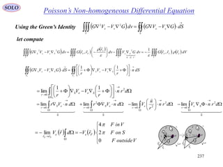 237
Poisson’s Non-homogeneous Differential EquationSOLO
let compute
   
 
    






'' '0
2
''
22
,
1
,
V
SFS
V Vin
Se
V
S
FS
V
SeeS dVrrrGdvGVdv
r
rrGdvGVVG







  




















FF S
SeeS
S
SeeS dSn
r
VV
r
dSGVVG
11





















 drn
r
VV
r
SeeS
r
2
0
11
lim
  

    
0
2
0
2
20
0
2
0
0
0
limlimlimlim  

















 drnVdrn
r
n
VdnVrdnVr Se
r
e
r
eS
r
eS
r
   





 

VoutsideF
SonF
VinF
rVdrV Fee
rr FS
0
2
4
lim 



iS
nS

n
i
iSS
1
dV
dSn

1
V
Fr

Sr

F
0r
SF rrr

 iS
nS
dV
dSn

1
V
Fr

Sr

F
0r SF rrr


Using the Green’s Identity    


S
ee
V
ee
dSGVVGdvGVVG 22
 