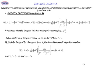 250
ELECTROMAGNETICSSOLO
KIRCHHOFF’s SOLUTION OF THE SCALAR HELMHOLTZ NONHOMOGENEOUS DIFFERENTIAL EQUATION
• GREEN’s FUNCTION (continue – 3)
(continue – 6)
                  













 'expexp
4
1
'expexp,',;,
2
2
2
3
3
3
ttjrrkj
v
k
d
dkttjrrkjkgddktrtrG SFSFFS 





We can see that the integral in k has to singular points for
v
k


Let consider only the progressive wave, i.e. G = 0 for t > t’.
To find the integral let change ω by ω + jδ where δ is a small negative number
 
 
   

















 rkj
v
j
k
d
dktrtrG FS





exp
4
1
',;,
2
2
2
3
3
where and .SF rrr

 'tt 
 