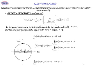 251
ELECTROMAGNETICSSOLO
KIRCHHOFF’s SOLUTION OF THE SCALAR HELMHOLTZ NONHOMOGENEOUS DIFFERENTIAL EQUATION
• GREEN’s FUNCTION (continue – 4)
(continue – 7)
In the plane ω we close the integration path by the semi-circle with
and the singular points on the upper side, for τ > 0 (for t > t’)
 
 
   

















 rkj
v
j
k
d
dktrtrG FS





exp
4
1
',;,
2
2
2
3
3
r
     '00exp ttdjf
UPC
 
     '00exp ttdjf
DOWNC
 
   
   
   

















 0exp
0exp
exp





DOWN
UP
C
C
djf
djf
djf
jvk  jvk 
Re
Im
 
