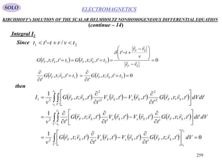 259
ELECTROMAGNETICSSOLO
KIRCHHOFF’s SOLUTION OF THE SCALAR HELMHOLTZ NONHOMOGENEOUS DIFFERENTIAL EQUATION
(continue – 14)
Integral I1
    0
'
',;,',;, 21 






 


SF
SF
SFSF
rr
v
rr
tt
ttrtrGttrtrG 



Since 21 /' tvrttt 
then
       
       
        0',;,
'
',',
'
',;,
1
'',;,
'
',',
'
',;,
'
1
'',;,
'
',',
'
',;,
1
'
2
'
2
'
2
2
2
2
21
2
1
2
1
2
1








































 
V
t
t
SFSeSeSF
V
t
t
SFSeSeSF
t
t V
SFSeSeSF
dVtrtrG
t
trVtrV
t
trtrG
v
dVdttrtrG
t
trVtrV
t
trtrG
tv
dVdttrtrG
t
trVtrV
t
trtrG
v
I



    0',;,
'
',;,
'
21 





ttrtrG
t
ttrtrG
t
SFSF

 