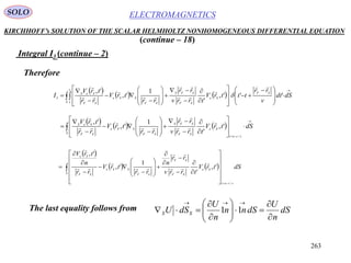 263
ELECTROMAGNETICSSOLO
KIRCHHOFF’s SOLUTION OF THE SCALAR HELMHOLTZ NONHOMOGENEOUS DIFFERENTIAL EQUATION
(continue – 18)
Integral I3 (continue – 2)
Therefore
     









 



























S
t
t
SF
Se
SF
SFS
SF
SSe
SF
SeS
dSdt
v
rr
tttrV
trrv
rr
rr
trV
rr
trV
I
2
1
''',
'
1
',
',
3









     





























S
vrtt
Se
SF
SFS
SF
SSe
SF
SeS
dStrV
trrv
rr
rr
trV
rr
trV
/'
',
'
1
',
', 






 
   


































S
vrtt
Se
SF
SF
SF
SSe
SF
Se
dStrV
trrv
rr
n
rr
trV
rr
n
trV
/'
',
'
1
',
',







The last equality follows from dS
n
U
dSnn
n
U
dSU SS












11
 