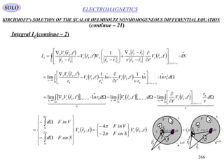 266
ELECTROMAGNETICSSOLO
KIRCHHOFF’s SOLUTION OF THE SCALAR HELMHOLTZ NONHOMOGENEOUS DIFFERENTIAL EQUATION
(continue – 21)
Integral I4 (continue – 2)
     





























FS
vrtt
Se
SF
SFS
SF
SSe
SF
SeS
dStrV
trrv
rr
rr
trV
rr
trV
I
/'
4
',
'
1
',
', 






     















 drnn
rv
trV
t
n
r
trV
r
trV
vrtt
SeSe
SeS
r
2
0
/'0
2
00
0
11
1
',
'
1
1
',
',
lim
0


       
  

  

0
0
/'
0/'0
0
0/'0
',
'
lim',lim1',lim
000

















 d
v
r
trV
t
dtrVdrntrV
vrtt
Se
rvrttSe
rvrttSeS
r
   trV
SonF
VinF
trV
SonFd
VinFd
FeFe ,
2
4
,2
0
4
0 
































iS
nS

n
i
iSS
1
dV
dSn

1
V
Fr

Sr

F
0r
SF rrr

 iS
nS
dV
dSn

1
V
Fr

Sr

F
0r SF rrr


 