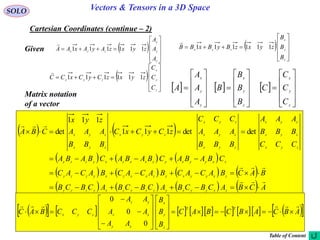 28
SOLO Vectors & Tensors in a 3D Space
Cartesian Coordinates (continue – 2)
Table of Content
   
     
       
        ACBACBCBACBCBACBCB
BACBACACBACACBACAC
CBABACBABACBABA
CCC
BBB
AAA
BBB
AAA
CCC
zCyCxC
BBB
AAA
zyx
CBA
zxyyxyzxxzxyzzy
zxyyxyzxxzxyzzy
zxyyxyzxxzxyzzy
zyx
zyx
zyx
zyx
zyx
zyx
zyx
zyx
zyx






 detdet111
111
det
                 ABCABCBAC
B
B
B
AA
AA
AA
CCCBAC
TT
z
y
x
xy
xz
yz
zyx


























0
0
0
Given  











z
y
x
zyx
A
A
A
zyxzAyAxAA 111111

 











z
y
x
A
A
A
A
Matrix notation
of a vector
 











z
y
x
zyx
B
B
B
zyxzByBxBB 111111

 











z
y
x
B
B
B
B
 











z
y
x
zyx
C
C
C
zyxzCyCxCC 111111

 











z
y
x
C
C
C
C
 