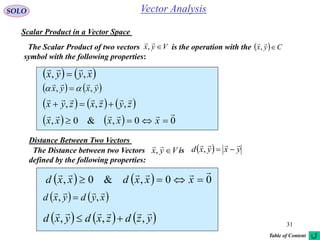 31
SOLO
Scalar Product in a Vector Space
The Scalar Product of two vectors is the operation with the
symbol with the following properties:
Vyx 

,   Cyx 

,
   xyyx

,, 
   yxyx

,,  
     zyzxzyx

,,, 
    00,&0,

 xxxxx
Distance Between Two Vectors
The Distance between two Vectors is
defined by the following properties:
Vyx 

,   yxyxd

,
    00,&0,

 xxxdxxd
   xydyxd

,, 
     yzdzxdyxd

,,, 
Vector Analysis
Table of Content
 