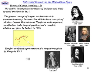 35
SOLO
Differential Geometry in the 3D Euclidean Space
The earliest investigations by means of analysis were made
by René Descartes in 1637.
 tr

 ur

rd
P
O
a
b
C
René Descartes
1596 - 1650
Pierre Fermat
1601 - 1665
Christian Huyghens
1629 - 1695
Gottfried Leibniz
1646 - 1716
The general concept of tangent was introduced in
seventeenth century, in connexion with the basic concepts of
calculus. Fermat, Descartes and Huyghens made important
contributions to the tangent problem, and a complete
solution was given by Leibniz in 1677.
The first analytical representation of a tangent was given
by Monge in 1785.
Gaspard Monge
1746 - 1818
Theory of Curves (continue – 2)
 
