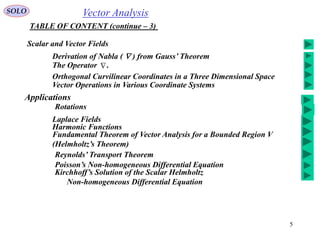 5
Vector AnalysisSOLO
TABLE OF CONTENT (continue – 3)
Scalar and Vector Fields
Fundamental Theorem of Vector Analysis for a Bounded Region V
(Helmholtz’s Theorem)
Reynolds’ Transport Theorem
Poisson’s Non-homogeneous Differential Equation
Kirchhoff’s Solution of the Scalar Helmholtz
Non-homogeneous Differential Equation
Derivation of Nabla (  ) from Gauss’ Theorem
The Operator .
Orthogonal Curvilinear Coordinates in a Three Dimensional Space
Vector Operations in Various Coordinate Systems
Applications
Laplace Fields
Harmonic Functions
Rotations
 