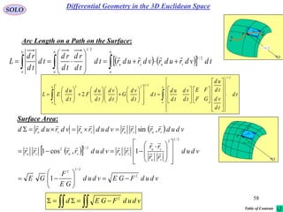 58
SOLO
Arc Length on a Path on the Surface:
      









b
a
b
a
vuvu
b
a
tdvdrudrvdrudrtd
td
rd
td
rd
td
td
rd
L
2/1
2/1










































































b
a
b
a
td
td
vd
td
ud
GF
FE
td
vd
td
ud
td
td
vd
G
td
vd
td
ud
F
td
ud
EL
2/1
2/1
22
2
Surface Area:
 vur ,

rd
udru

vdrv

d
P
O
 
  
vdudFGEvdud
GE
F
GE
vdud
rr
rr
rrvdudrrrr
vdudrrrrvdudrrvdrudrd
vu
vu
vuvuvu
vuvuvuvu
2
2/1
2
2/1
2
2/12
1
1,cos1
,sin






















 






  vdudFGEd 2
 vur ,

rd
udru

vdrv
P
O
a
b
Differential Geometry in the 3D Euclidean Space
Table of Contents
 