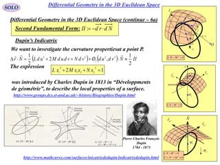 64
SOLO
Differential Geometry in the 3D Euclidean Space (continue – 6a)
 vur ,

vdrv

P
O
N

1nr

2nr

udru

2
M
1
M
02
 MNL
Dupin’s Indicatrix
N

1n
r

2n
r

P
2
M
1
M
02
 MNL
N

1nr
2nr

P
1M
2M
0
0
222
2


MNL
MNL
http://www.mathcurve.com/surfaces/inicatrixdedupin/indicatrixdedupin.html
Pierre Charles François
Dupin
1784 - 1873
We want to investigate the curvature propertiesat a point P.
    IINvdudOvdNvdudMudLNr
2
1
,2
2
1 22
2
22


The expression
12
2
221
2
1
 xNxxMxL
was introduced by Charles Dupin in 1813 in “Développments
de géométrie”, to describe the local properties of a surface.
Second Fundamental Form: NdrdII :
http://www.groups.dcs.st-and.ac.uk/~history/Biographies/Dupin.html
Differential Geometry in the 3D Euclidean Space
 
