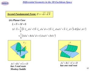 65
SOLO
N

Second Fundamental Form: NdrdII :
N

(iv) Planar Case
0 MNL
   
 3223
33
3
3223
6
1
,33
6
1
vdDvdudCvdudBudA
vdudOvdrNvdudrNvdudrNudrNNr vvvvuvvuuuuu



DxCxBxA  23
has 3 real roots
Monkey Saddle
DxCxBxA  23
has one real root
Differential Geometry in the 3D Euclidean Space
 