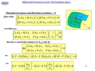 77
SOLO
Principal Curvatures and Directions (continue – 7)
 vur ,

rd
udru

vdrv
P
O
N
1C
k
2C
k

1C
2CStart with:    
   





0
0
0000
0000
0
0
vdGudFkvdNudM
vdFudEkvdMudL
n
n
rewritten as :






















0
01
00000
0000
n
kvdGudFvdNudM
vdFudEvdMudL
that has a nontrivial solution (1,-kn0) only if:
0det
0000
0000








vdGudFvdNudM
vdFudEvdMudL
or:       0
2
000
2
0
 vdNFMGvdudNEGLudMEFL
or:
      0
0
0
2
0
0
















 NFMG
vd
ud
NEGL
vd
ud
MEFL
Differential Geometry in the 3D Euclidean Space
 