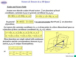 83
SOLO Vectors & Tensors in a 3D Space
Scalar and Vector Fields
Let express the cartesian coordinates (x, y, z) of any point, in a three dimensional space as
a function of three curvilinear coordinates (u1, u2, u3), where:

dr
constu 3
i

j

k

1
1
ud
u
r



2
2
ud
u
r



3
3
ud
u
r



constu 1
constu 2
curveu1
curveu2
curveu3
     
     




zyxuuzyxuuzyxuu
uuuzuuuyuuuxx
,,,,,,,,
,,,,,,,,
332211
321321321
Those functions are single valued with continuous
derivatives and the correspondence between (x,y,z)
and (u1,u2,u3) is unique (isomorphism).
kzjyixr


or
3
3
2
2
1
1
ud
u
r
ud
u
r
ud
u
r
rd











   321 ,,,, uuuzyx     321
,,,, uuuAzyxAA


Assume now that the scalars Φ and vectors are functions of local
coordinates, cartesian (x,y,z) or general, curvilinear (u1,u2,u3)
A

In general ( we can not assume that Φ and are functions
of position).
A

   rAAr

 ,
Table of Contents
 