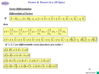 86
SOLO Vectors & Tensors in a 3D Space
Vector Differentiation
Differentials of Vectors
3
3
2
2
1
1
ud
u
A
ud
u
A
ud
u
A
zd
z
A
yd
y
A
xd
x
A
Ad




















If     321321 111111,,,, 321
uAuAuAzAyAxAuuuAzyxAA uuuzyx 

     321321 111111111 321321
udAudAudAuAduAduAdzAdyAdxAdAd uuuuuuzyx 

  BdABAdBAd


  BdABAdBAd


  CdBACBdACBAdCBAd


        CdBACBdACBAdCBAd


then
If are differentiable vector functions of a scalar t.CBA

,,
Table of Contents
 
