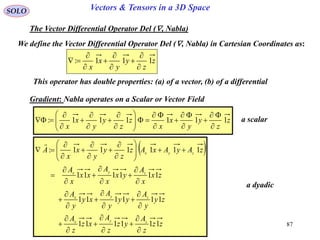 87
SOLO Vectors & Tensors in a 3D Space
The Vector Differential Operator Del (, Nabla)
We define the Vector Differential Operator Del (, Nabla) in Cartesian Coordinates as:
z
z
y
y
x
x
111:









This operator has double properties: (a) of a vector, (b) of a differential
Gradient: Nabla operates on a Scalar or Vector Field
z
z
y
y
x
x
z
z
y
y
x
x
111111:























 
zz
z
A
yz
z
A
xz
z
A
zy
y
A
yy
y
A
xy
y
A
zx
x
A
yx
x
A
xx
x
A
zAyAxAz
z
y
y
x
x
A
zyx
zyx
zyx
zyx
111111
111111
111111
111111:











































a scalar
a dyadic
 