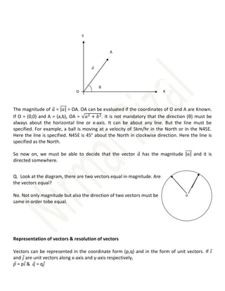 The magnitude of 𝑎
⃗ = |𝑎|
⃗⃗⃗⃗⃗⃗ = OA. OA can be evaluated if the coordinates of O and A are Known.
If O = (0,0) and A = (a,b), OA = √𝑎2 + 𝑏2. It is not mandatory that the direction (θ) must be
always about the horizontal line or x-axis. It can be about any line. But the line must be
specified. For example, a ball is moving at a velocity of 5km/hr in the North or in the N45E.
Here the line is specified. N45E is 45° about the North in clockwise direction. Here the line is
specified as the North.
So now on, we must be able to decide that the vector 𝑎
⃗ has the magnitude |𝑎|
⃗⃗⃗⃗⃗⃗ and it is
directed somewhere.
Q. Look at the diagram, there are two vectors equal in magnitude. Are
the vectors equal?
No. Not only magnitude but also the direction of two vectors must be
same in order tobe equal.
Representation of vectors & resolution of vectors
Vectors can be represented in the coordinate form (p,q) and in the form of unit vectors. If 𝑖
⃗
and 𝑗
⃗ are unit vectors along x-axis and y-axis respectively,
𝑝
⃗ = p𝑖
⃗ & 𝑞
⃗ = q𝑗
⃗
θ
O
A
X
Y
𝑎
⃗
o
 