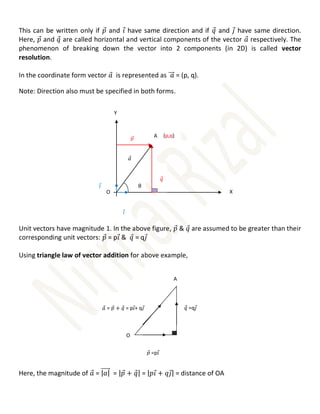 This can be written only if 𝑝
⃗ and 𝑖
⃗ have same direction and if 𝑞
⃗ and 𝑗
⃗ have same direction.
Here, 𝑝
⃗ and 𝑞
⃗ are called horizontal and vertical components of the vector 𝑎
⃗ respectively. The
phenomenon of breaking down the vector into 2 components (in 2D) is called vector
resolution.
In the coordinate form vector 𝑎
⃗ is represented as 𝑎
⃗⃗⃗⃗ = (p, q).
Note: Direction also must be specified in both forms.
Unit vectors have magnitude 1. In the above figure, 𝑝
⃗ & 𝑞
⃗ are assumed to be greater than their
corresponding unit vectors: 𝑝
⃗ = p𝑖
⃗ & 𝑞
⃗ = q𝑗
⃗
Using triangle law of vector addition for above example,
Here, the magnitude of 𝑎
⃗ = |𝑎|
⃗⃗⃗⃗⃗⃗ = |𝑝
⃗ + 𝑞
⃗| = |𝑝𝑖
⃗ + 𝑞𝑗
⃗| = distance of OA
𝑖
⃗
(p,q)
θ
O
A
X
Y
𝑎
⃗
𝑝
⃗
𝑞
⃗
𝑖
⃗
𝑗
⃗
𝑝
⃗ =p𝑖
⃗
𝑞
⃗ =q𝑗
⃗
𝑎
⃗ = 𝑝
⃗ + 𝑞
⃗ = p𝑖
⃗+ q𝑗
⃗
O
A
 