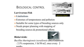 BIOLOGICAL CONTROL
Larvivorous Fish
 Limitations
 Extremes of temperatures and pollution
 Suitable for some types of breeding sources only
 Needs proper planning with mapping of
breeding sources & promotional efforts
Biolarvicide:
Bacillus thuringiensis iserailensis (Bti)-Endotoxin
: 2.5% suspension, 1 lit/50 m2, once every 2
Aphanius dispar
 