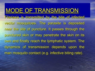 MODE OF TRANSMISSION
Filariasis is transmitted by the bite of infected
vector mosquitoes. The parasite is deposited
near the site of puncture. It passes through the
punctured skin or may penetrate the skin on its
own and finally reach the lymphatic system. The
dynamics of transmission depends upon the
man mosquito contact (e.g. infective biting rate).


                                        12
 