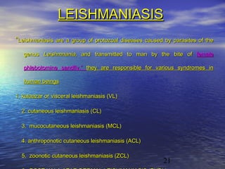LEISHMANIASIS
“Leishmaniasis are a group of protozoal diseases caused by parasites of the
   genus Leishmnania, and transmitted to man by the bite of female

   phlebotomine sandfly.” they are responsible for various syndromes in

   human beings

1. kalaazar or visceral leishmaniasis (VL)

  2. cutaneous leishmaniasis (CL)

  3. mucocutaneous leishmaniasis (MCL)

  4. anthroponotic cutaneous leishmaniasis (ACL)

  5. zoonotic cutaneous leishmaniasis (ZCL)
                                                       21
 